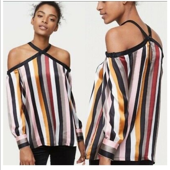 LOFT•Striped off shoulder halter neck silky blouse - Picture 1 of 6